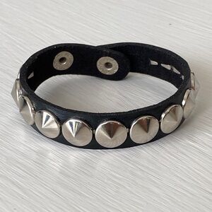 Black Edgy Leather Silver Spike Stud Rebel Rocker Concert Bracelet Adjustable
